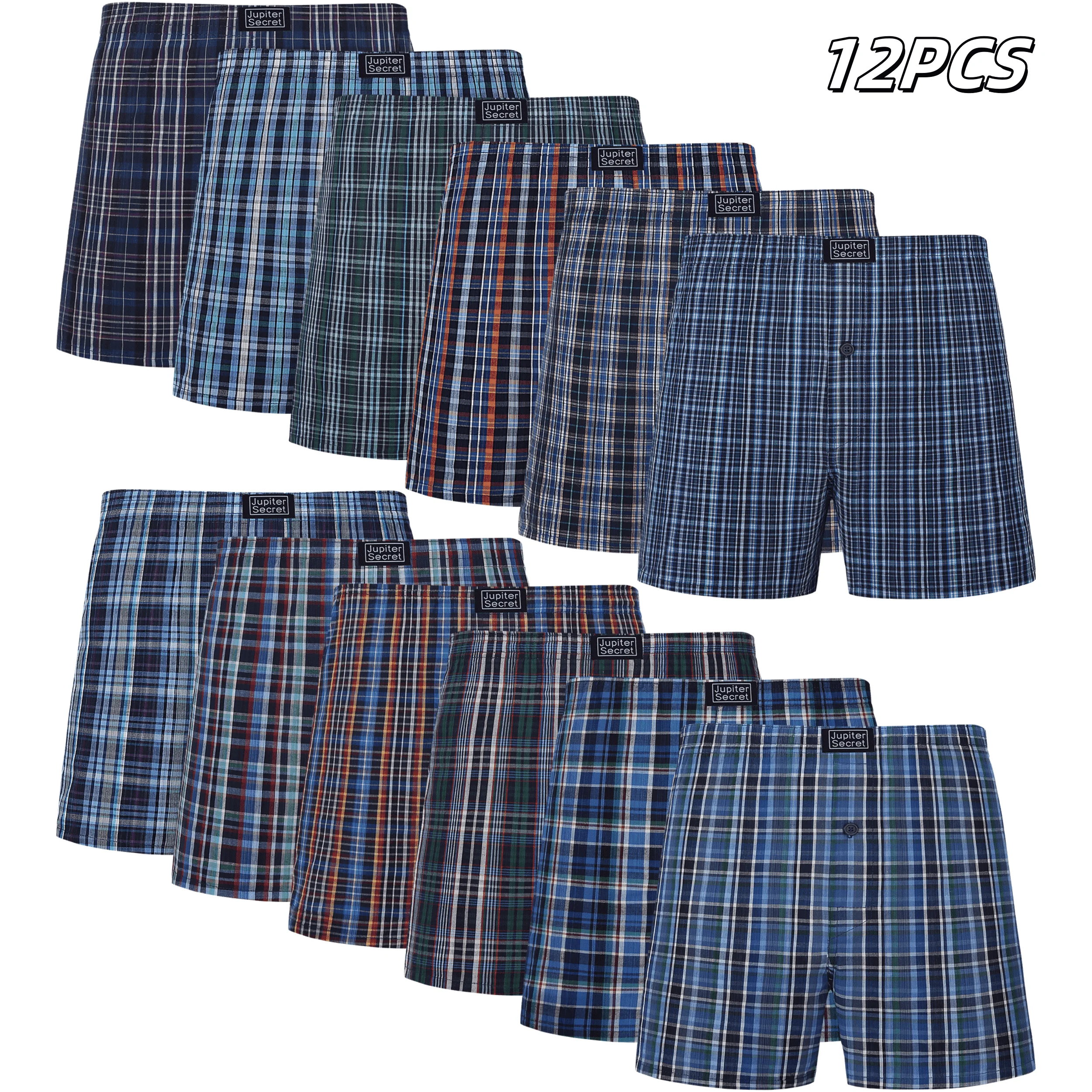 JupiterSecret 6/12 Pcs Men's 100% Cotton Boxer Shorts Random Style Casual Plaid Boxers Shorts with Elastic Waistband and Buttons