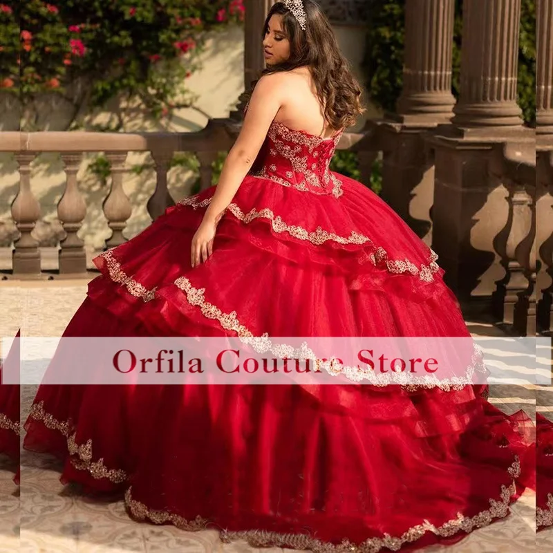 Red Quinceanera Dresses Tiered Tulle Appliques Lace Sweetheart Sweet 16 Dress vestido de 15 anos 2025 Ball Prom Gowns Customized
