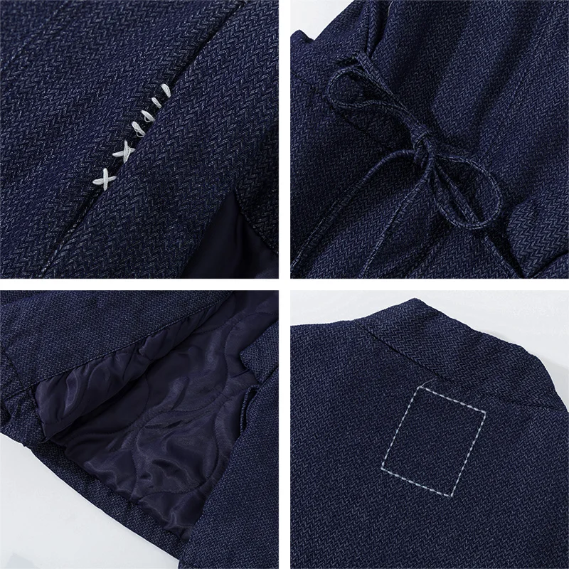 Winter Japanese Style Blue Kimono Jacket Streetwear Men Pocket Coat Haori Oversized Samurai Tops
