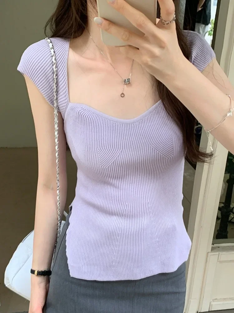 

Korean Chic Pure Desire Peach Heart Neckline Short-sleeved T-shirt Female Summer Slim Knit T-shirts Short Pullover Tops Clothing