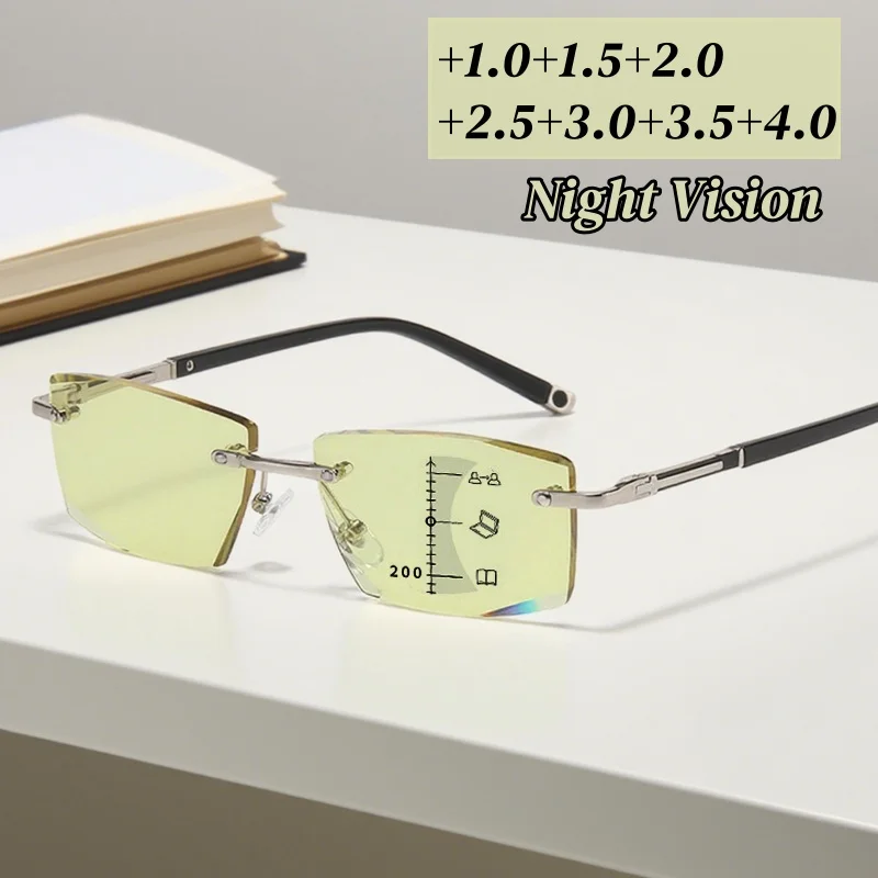

Retro Rimless Progressive Multifocal Reading Glasses Men Women Vintage Anti-blue Presbyopia Popular HD Lens Night Vision Glasses