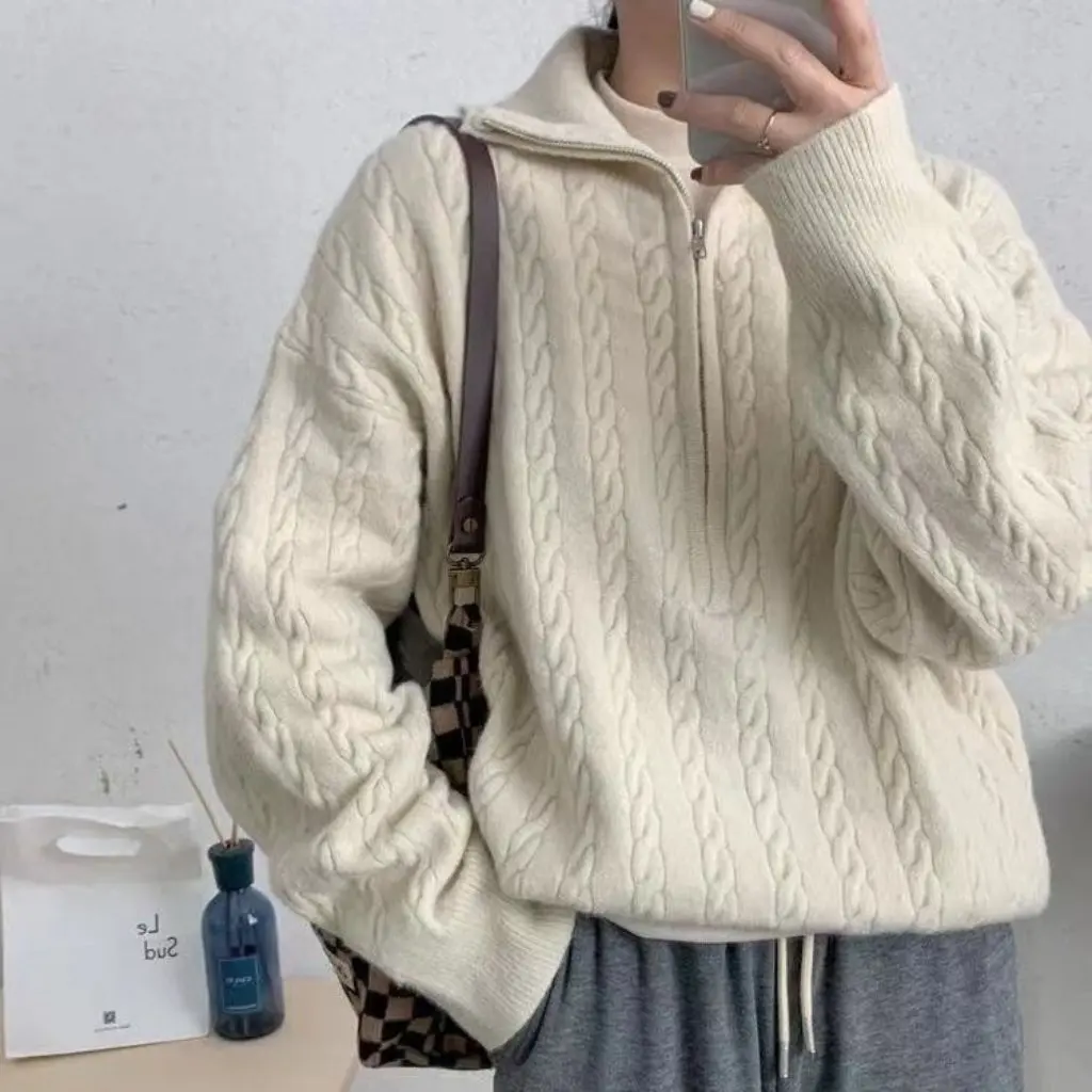 

Women's Long-Sleeved Knitted Pullover Trendy Elegant Loose Top Solid Color Lapel Design Sense Twist Zipper for Autumn Winter
