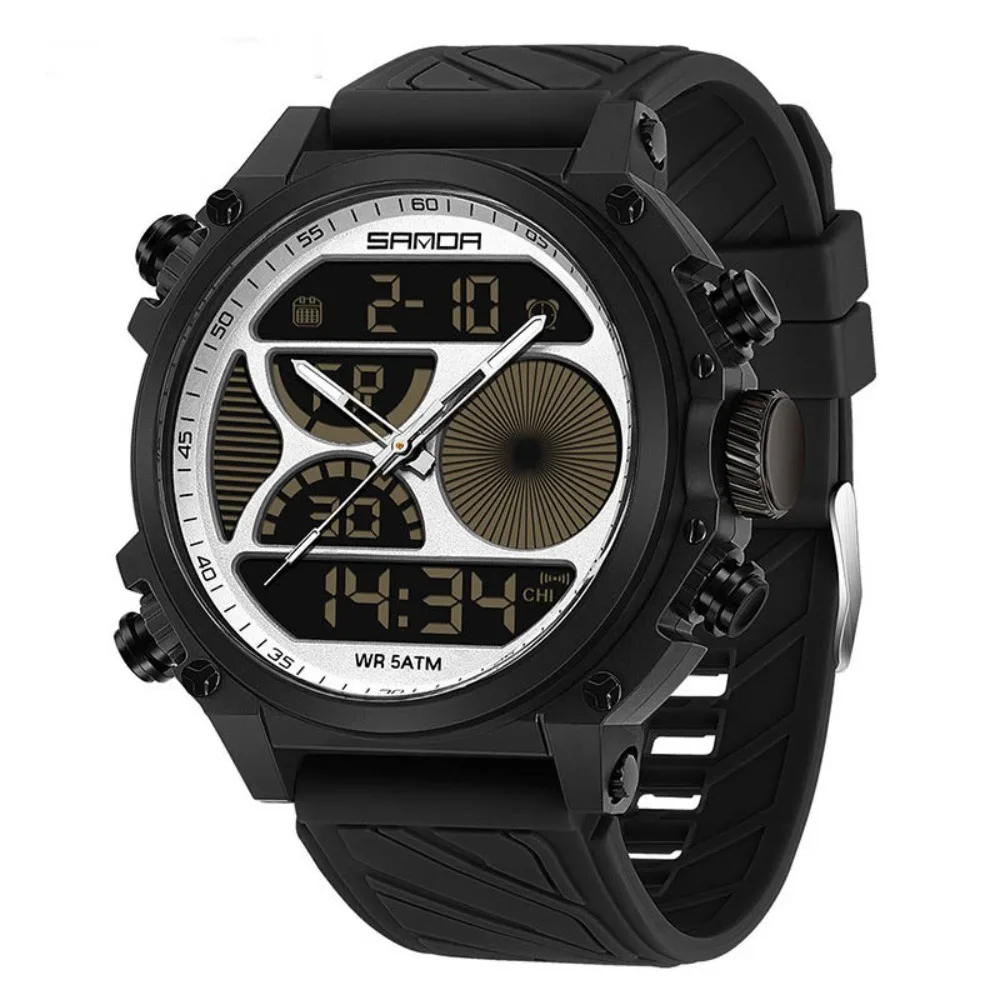 

Водонепроницаемые мужские кварцевые часы с большим циферблатом и двойным дисплеем, спортивные электронные часы, силиконовый ремешок, серебристые серебристые наручные часы