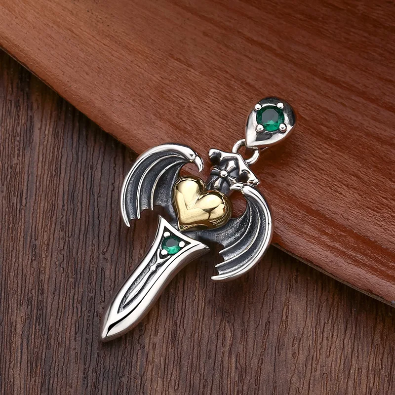 925 فضة الملاك السيف الجناح القلب قلادة قلادة الرجال العتيقة إنهاء الدينية مجوهرات للجنسين