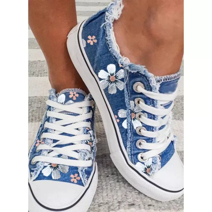 Canvas Shoes Women 2024 Trend Denim Casual Flats Plus Size Lightweight Sneakers Breathable Lace Up Single Shoe Кроссовки Женские