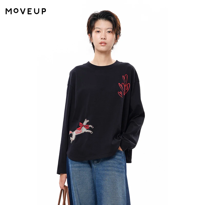 MOVEUP Long Sleeves Round Neck T-Shirt Winter Pure Cotton Contrast Color Cartoon Embroidery Curve Hem Tees For Women 3EWD10594
