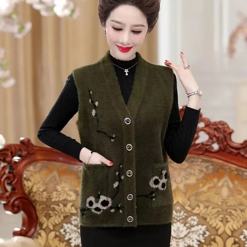 5XL Middle Aged Mother Imitation Mink Velvet Vest Korean Ladies Knitting Sweater Waistcoat Tops Autumn Female Cardigan Waistcoat