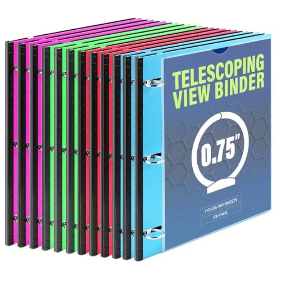 

12-Pack Telescoping 3 Ring Binder,Expandable Flexible Binder - Patented Design for Easy Portability, Holds 160 Sheets, 4 Bright