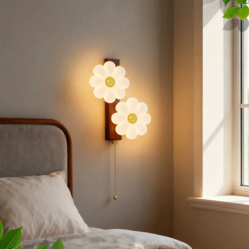 Retro Flower Petal Wall Lamps Bedroom Bedside Wall Lights with switch Walnut Color Metal Acrylic lamp Kids Room LED indoor decor