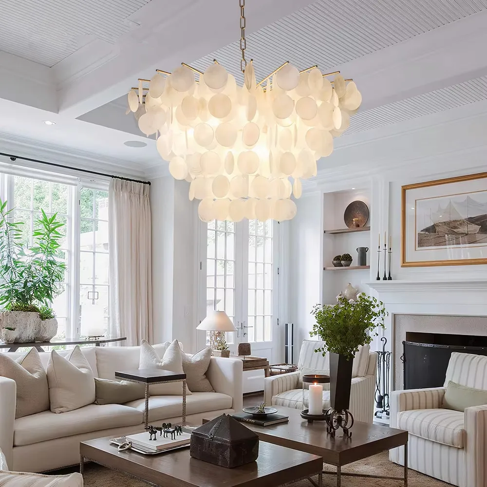 

Luxury Round white Shell Chandelier led Gold Wind chime lamp For Living Dining Room Bedroom nordic Homestay hotel Rural Lamp