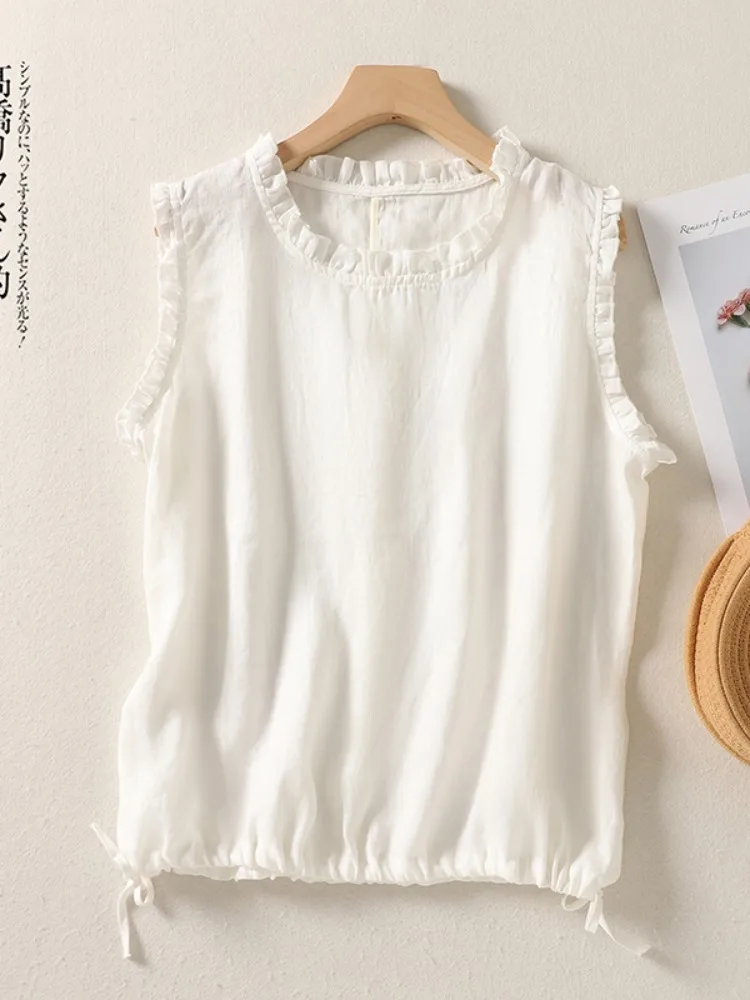 Gilet estivo in cotone e lino sottile da donna, top ampio con scanalatura, Dstring Bot, capispalla interno in legno vintage