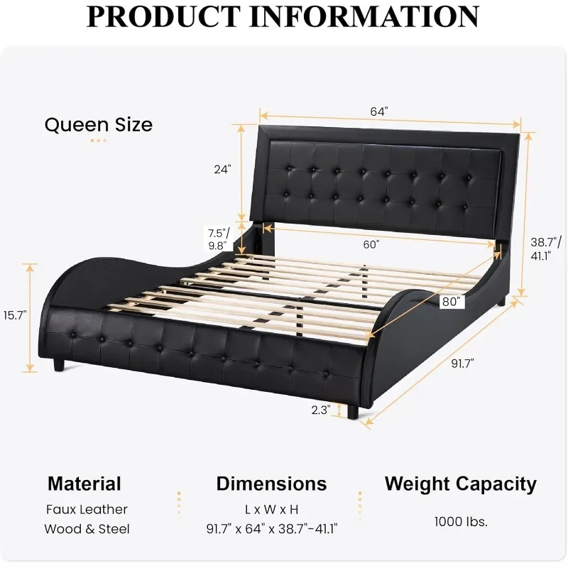 Queen Box getufteter Plattform bett rahmen/Kunstleder gepolsterter Bett rahmen mit verstellbarem Kopfteil/Holz latten stütze