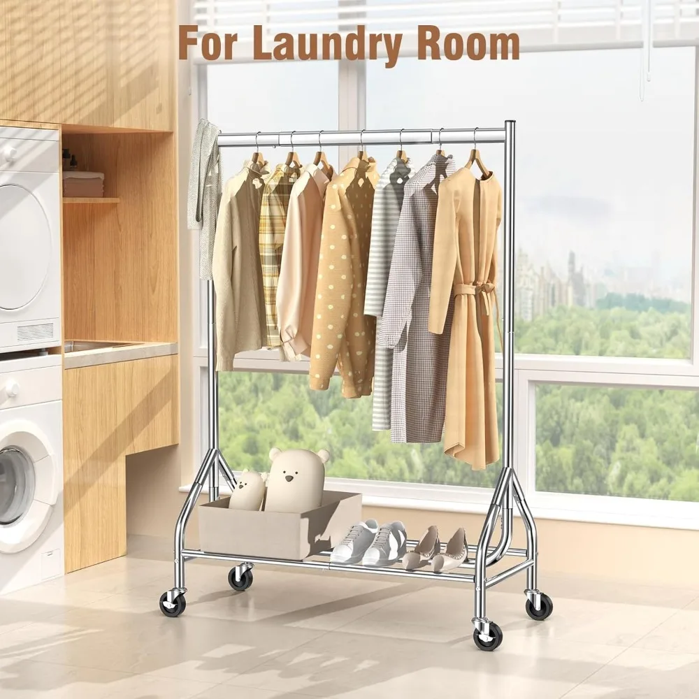 Heavy Duty Rolling Clothes Rack with Lockable Wheels, Supports 420 LBS, Includes Shelves for Sturdy Storage (Silver)