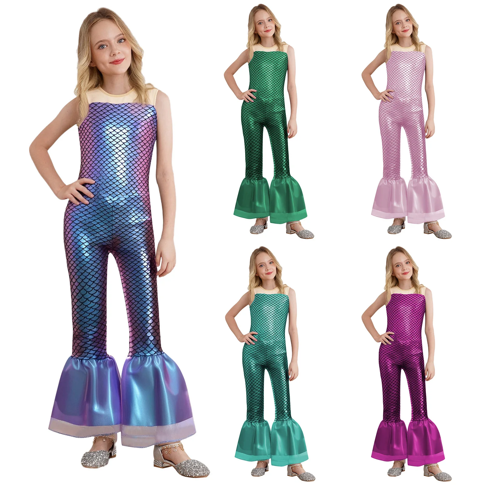 #6-16 Halloween Mermaid Cosplay Costume Fish Scales Print Flared Mermaid Jumpsuit Party Holiday Beachwear Dress-up Costume