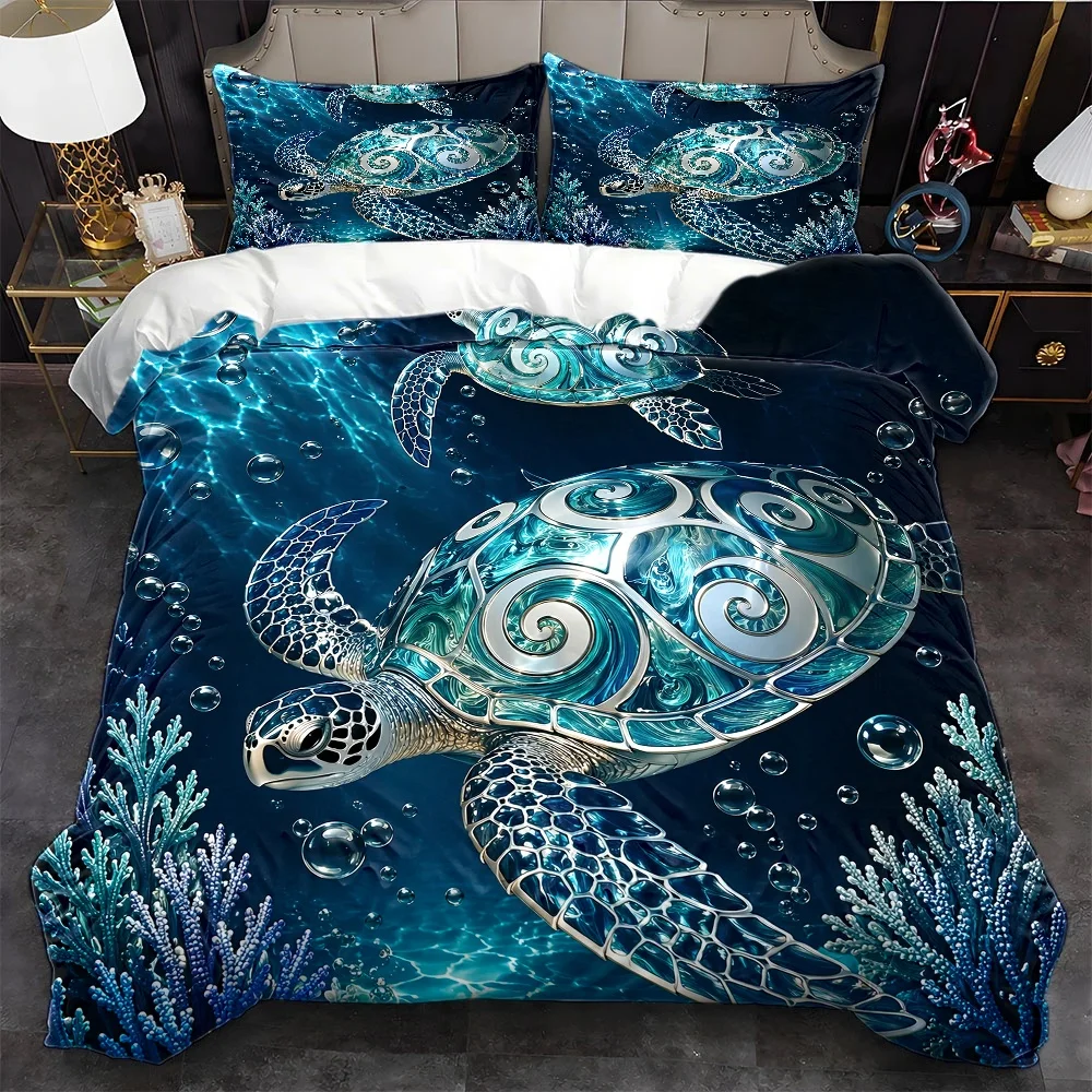 3Pc Dreamy Ocean Turtle Duvet Cover Set, Three-Piece Bedding Set (1*Duvet Cover + 2*Pillowcases), Suitable for All Seasons, Machine Washable, Invisible Zipper Design, Large Double Bed Cover Set, Suitable for Home, Dormitory, Master Bedroom, Guest Room, Exquisite Ocean Creature Print, Comfortable and Skin-Friendly Bedding Set, Bedroom Bedding, Stylish and Luxurious Three-Piece Bedding Set, High-Quality Bedding Set, Personalized Artistic Turtle Pattern Duvet Cover, Soft and Breathable