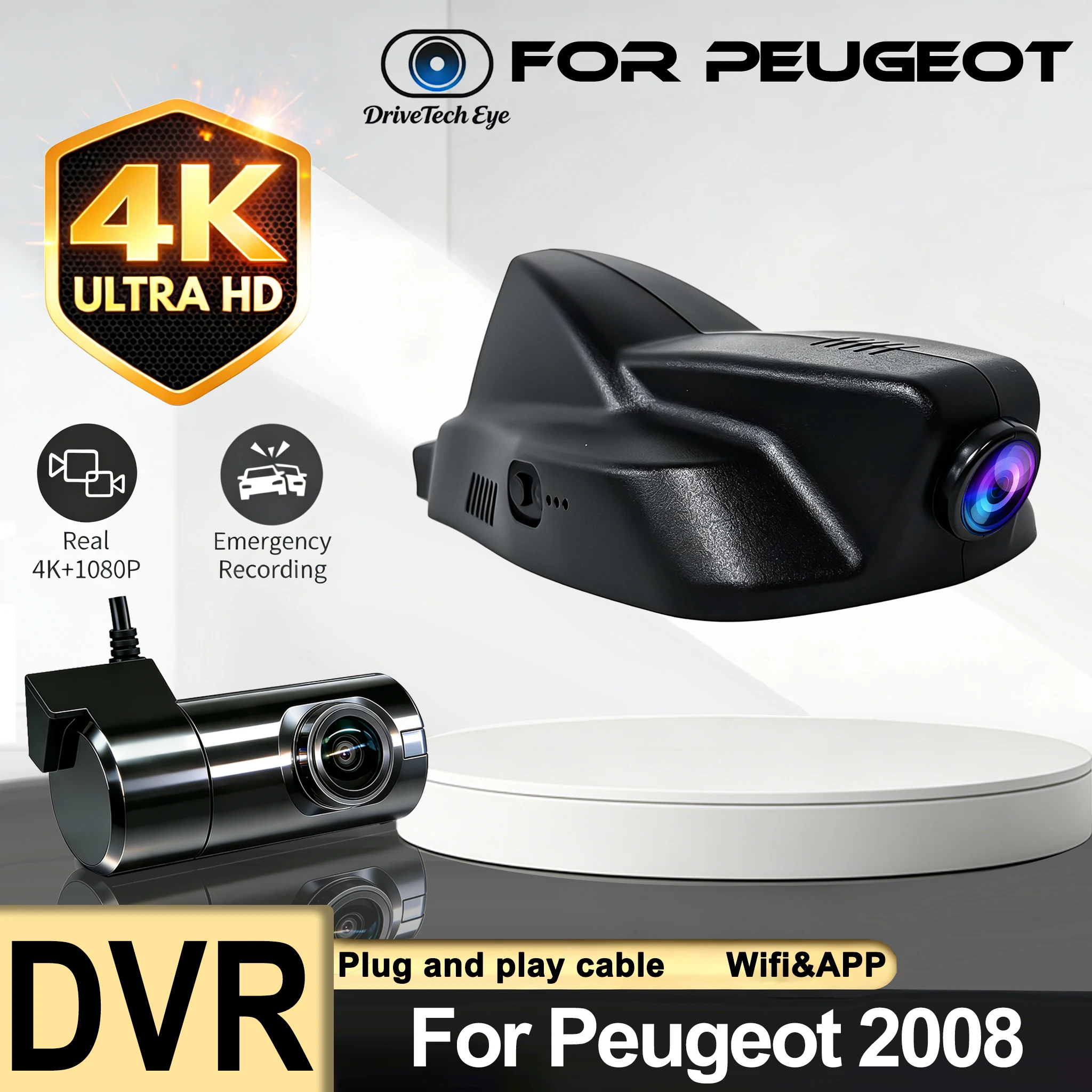 Video Recorder Night WiFi APP Visio 4K UHD Plug and Play Car DVR Dash Cam Camera for Peugeot 2008 A94 2013–2018