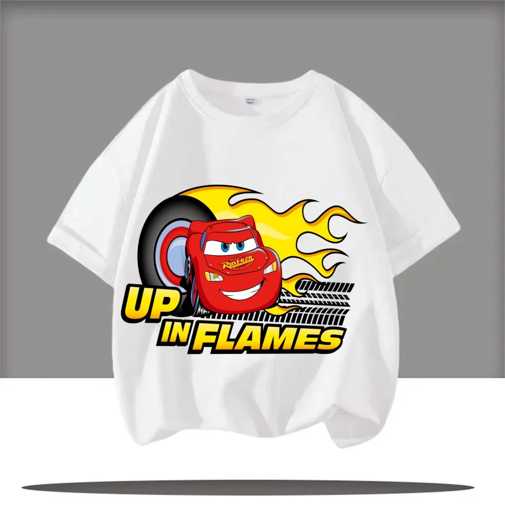 صيف 2025 جديد ديزني سيارة البرق ماكوين قصيرة الأكمام الفتيان والفتيات الصيف شبكة تي شيرت الملابس