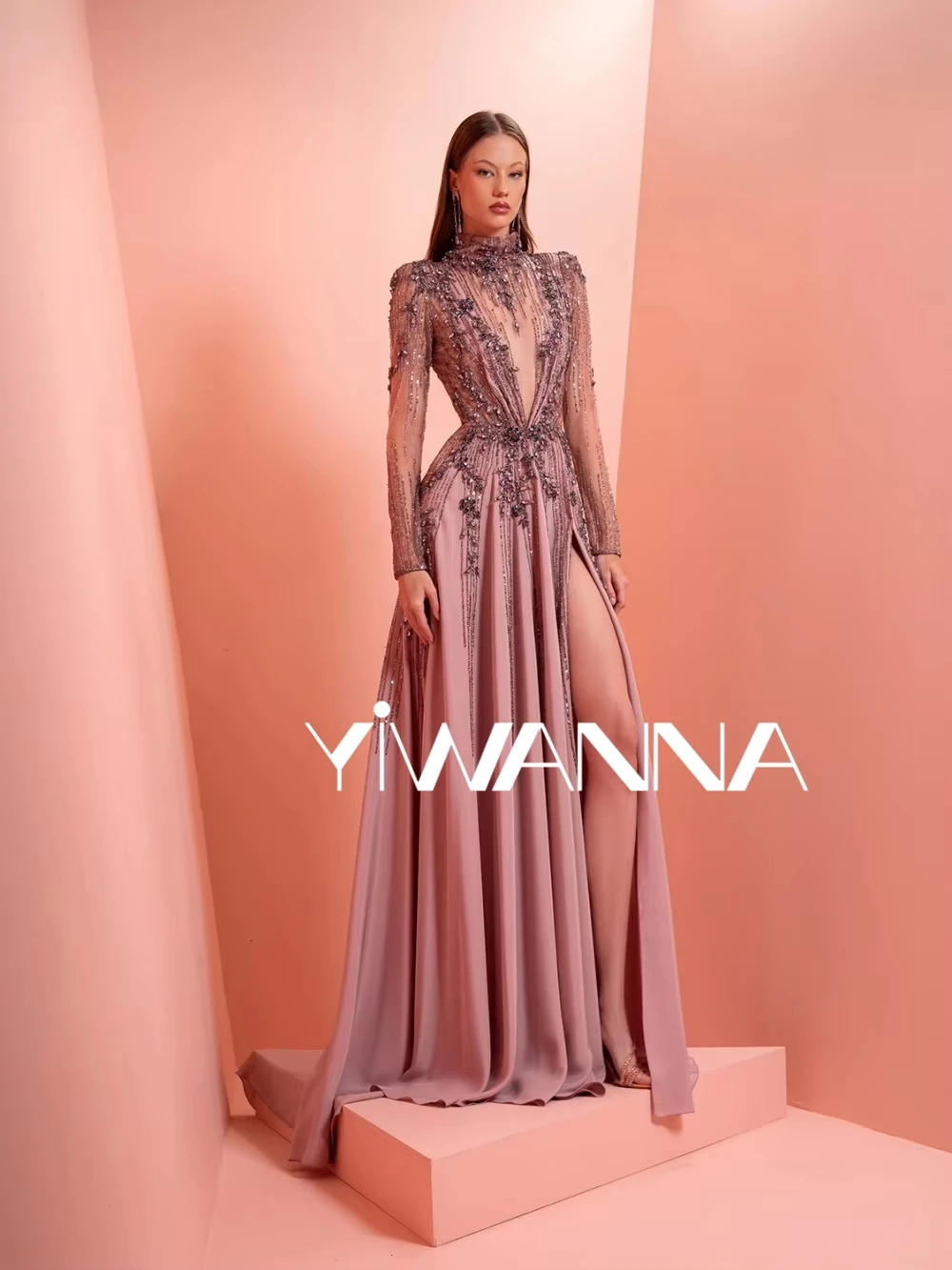 

Shiny Luxurious Beaded Crystal Long Evening Dress With Slit High Collar Chiffon Wedding Party Gown Customzied Prom Dresses