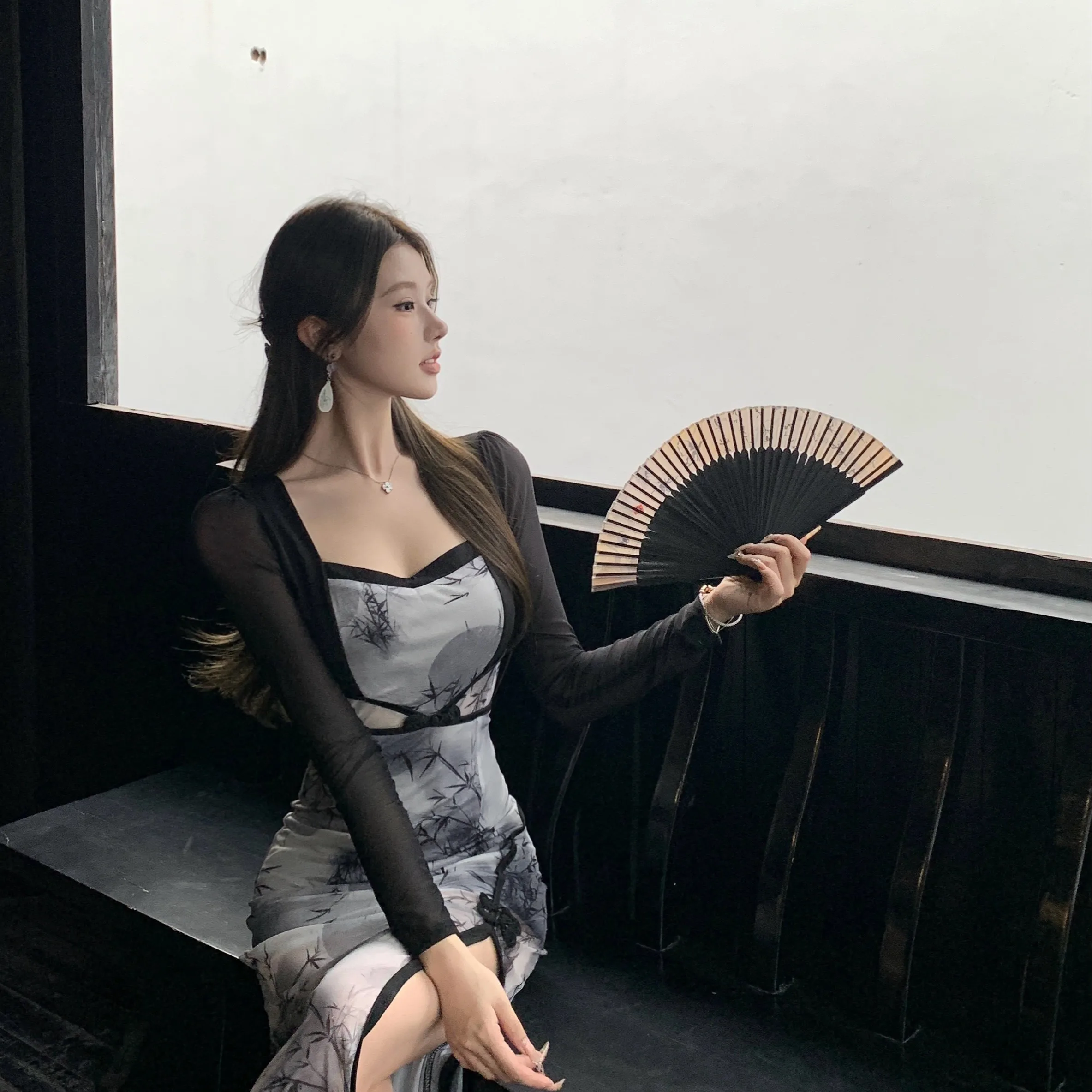 Faionable sexy impressão cintura-conchamento split dr coreano sle longo sve primavera outono nova chegada roupas femininas