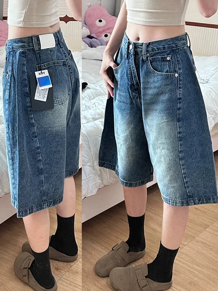 กางเกงยีนส์ทรงเอไลน์สีน้ำเงินเอวสูงขาตรงสำหรับผู้หญิงไซส์พลัส ทรงหลวม ขาบาน ความยาวห้าส่วน ช่วยให้ดูผอมลง เหมาะสำหรับฤดูใบไม้ร่วง