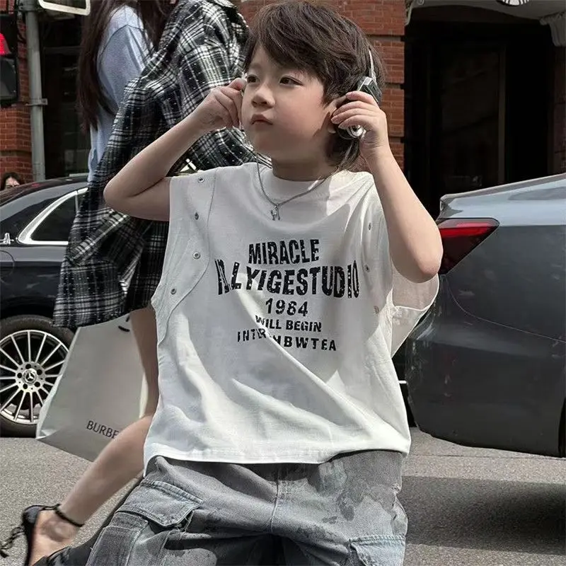 Boys' Short sleeved T-shirt 2026 Summer New Style Children's Personalized Tank Top Shoulder Loose Top Trendy