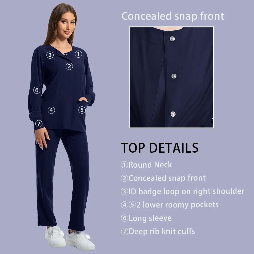 Medical Uniforms Round Neck Nurse Scurbs Jacket Set Women Hospital Doctor Workwear Oral Dental Surgery Work Uniform Long Sleeve