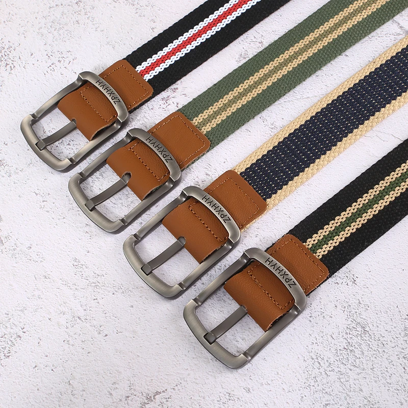 

Men's Outdoor Canvas Belts Tactical Striped Woven Belts Unisex Alloy Pin Buckle Sports Casual Overalls Belts Male Ceintures