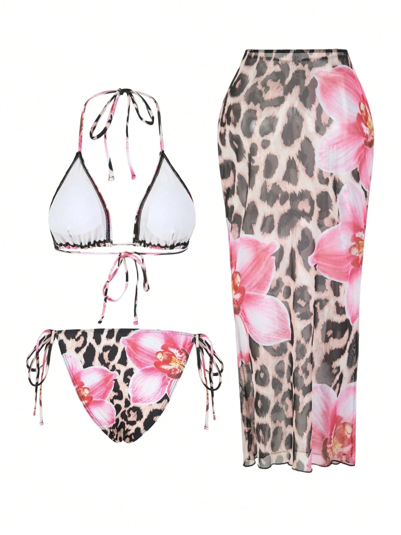 

Комплект из 3 предметов: летний купальник-бикини с цветочным и леопардовым принтом, с юбкой, для пляжного отдыха