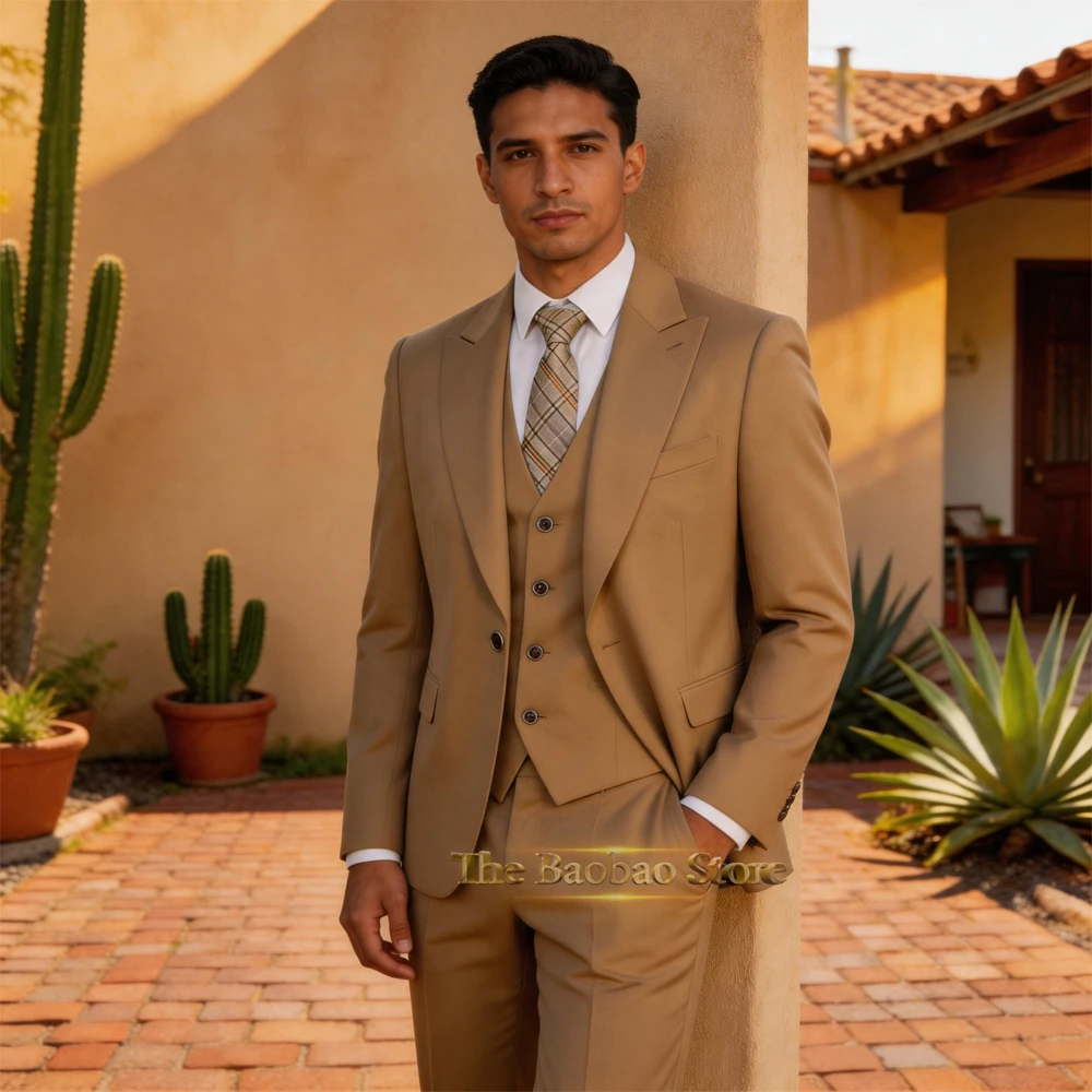 Classic Men’s Wedding Suit 3-Piece Khaki Set Jacket Vest Trousers Custom Slim-Fit Attire for Groom Business Casual Prom Party