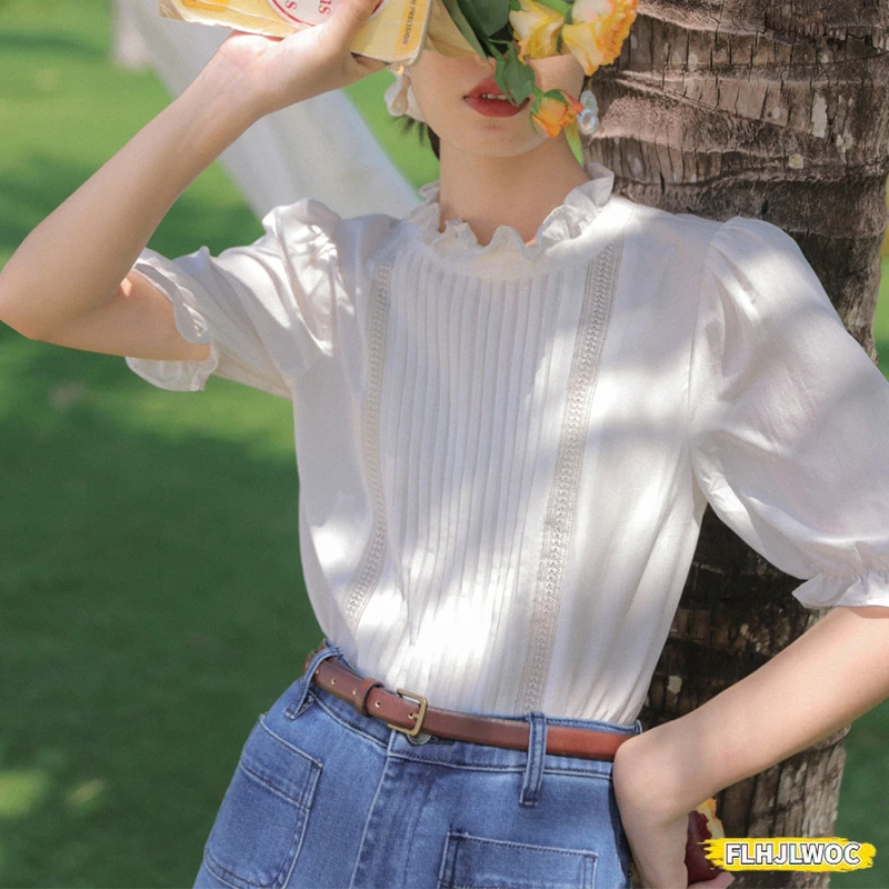 Retro Vintage Cotton Blends Tops Blouses New Design 2024 Summer Woman Cute Japan Girls Ruffles White Hollow Out Lace Shirts