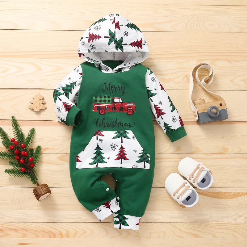 0 to 12 Months Christmas Baby Girl Boy Printed Romper Long Sleeve Hooded Jumpsuit with Front Pocket Baby Clothing