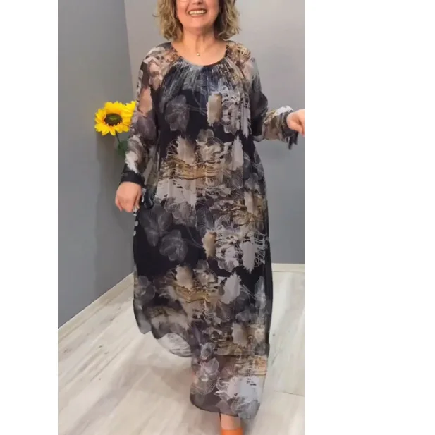 Abito lungo con stampa floreale a maniche lunghe con scollo a O alla moda da donna 2025 Abiti maxi casual larghi primaverili per donna Robe Femme