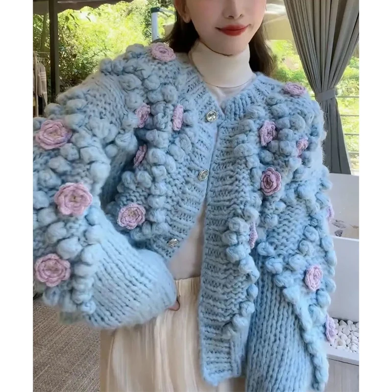 Harajuku Crop Knitted Cardigans Women 3D Flower Sweater Coat Sweet Single Breasted Knitwears Jackets Korean Loose Jumper Outwear