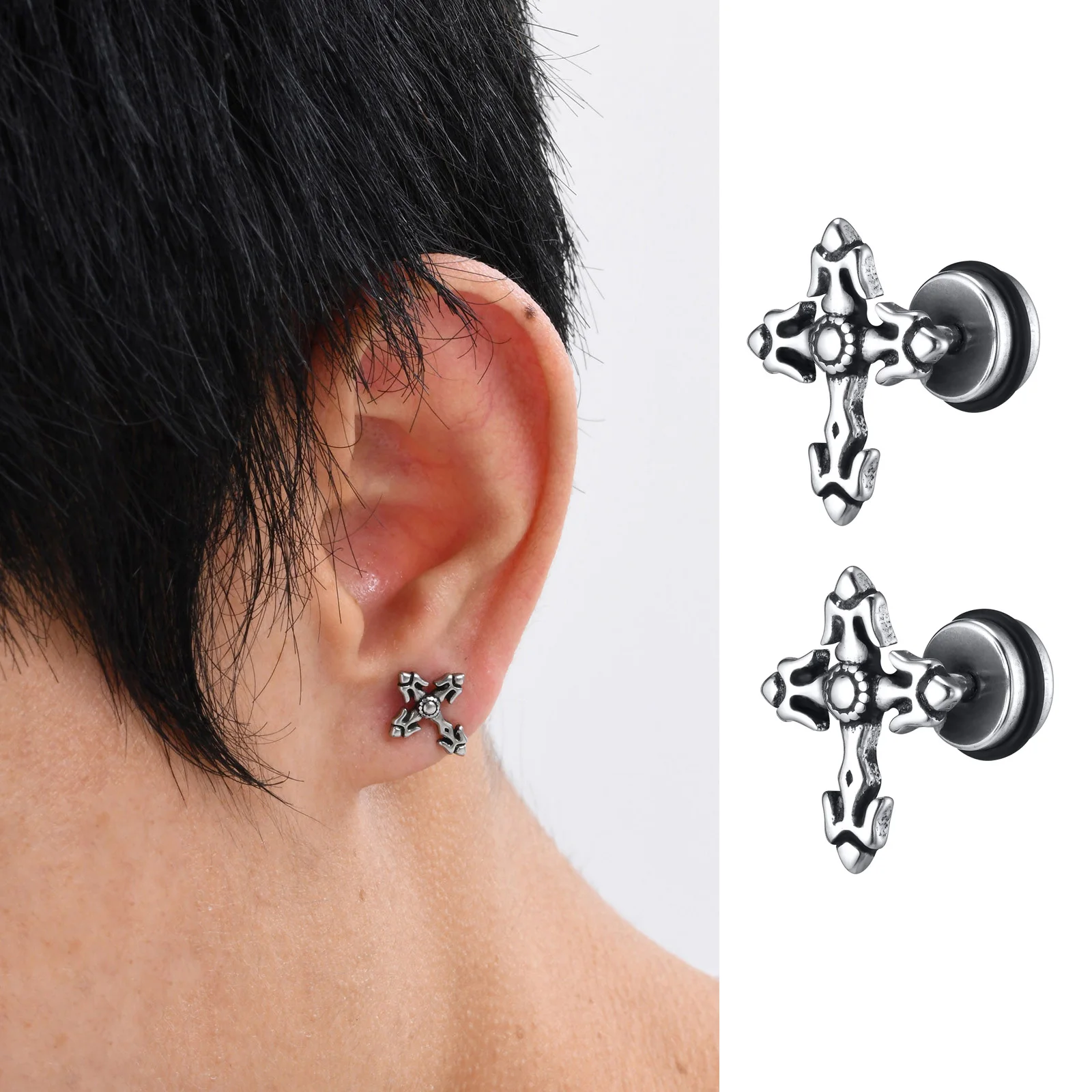 MP Gothic Cross Earrings for Men Boys,Waterproof Stainless Steel Stud Earrings,Rock Punk Prayer Jewelry Halloween Gifts