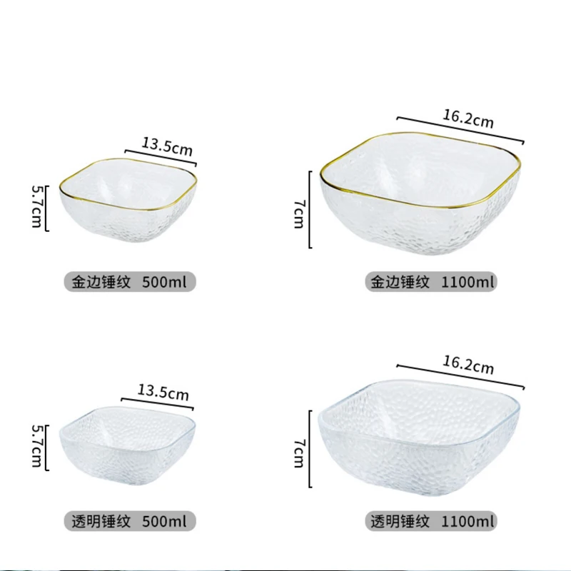 Phnom Penh Square Glass Bowl Tableware Household Fruit Bowl Dessert Salad Bowl Japanese Noodle Bowl Tableware Soup Bowl