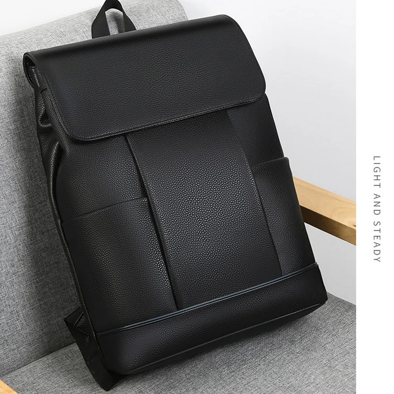 Men PU Leather Bagpack with Cover Large 15.6inch Laptop Backpacks Male Schoolbag For Teenagers Boys Business Bag