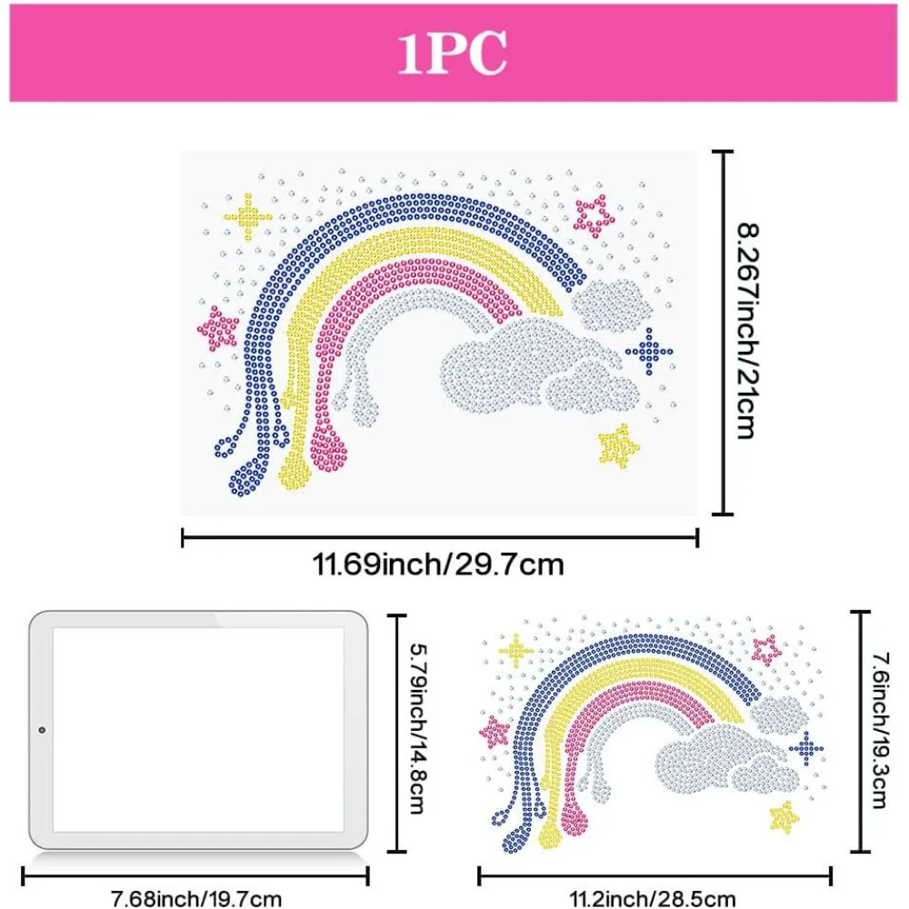 Rainbows Clouds Iron on Rhinestones Transfer 11.7x8.3 Inch Colorful Heat Transfer Decal Bling Decals Heat Transfer Patch