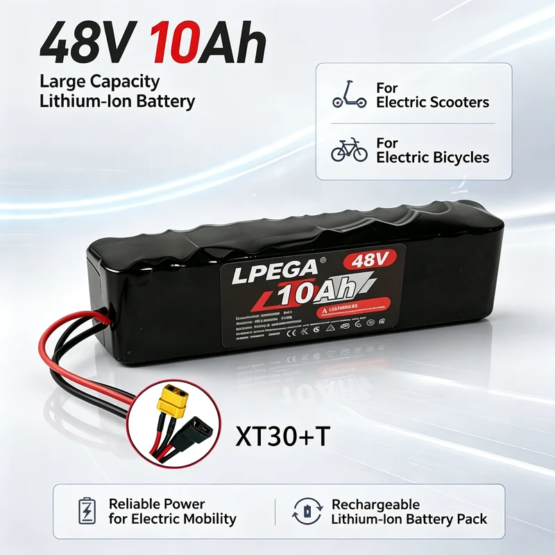 13S2P 48V 10Ah 18650 Lithium Battery Pack Built-in BMS for Electric Scooter E-bike Motorcycle DIY Replacement