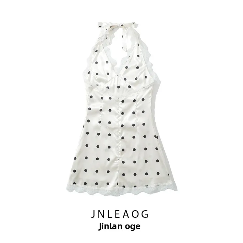 JNLEAOG ชุดเดรสผ้าซาตินลายพิมพ์ผ้าไหมสำหรับผู้หญิง ดีไซน์แฟชั่นประดับลูกไม้ สายเดี่ยวรัดเอว ซิปหลัง สไตล์ลำลอง คอลเลคชั่นฤดูใบไม้ผลิ