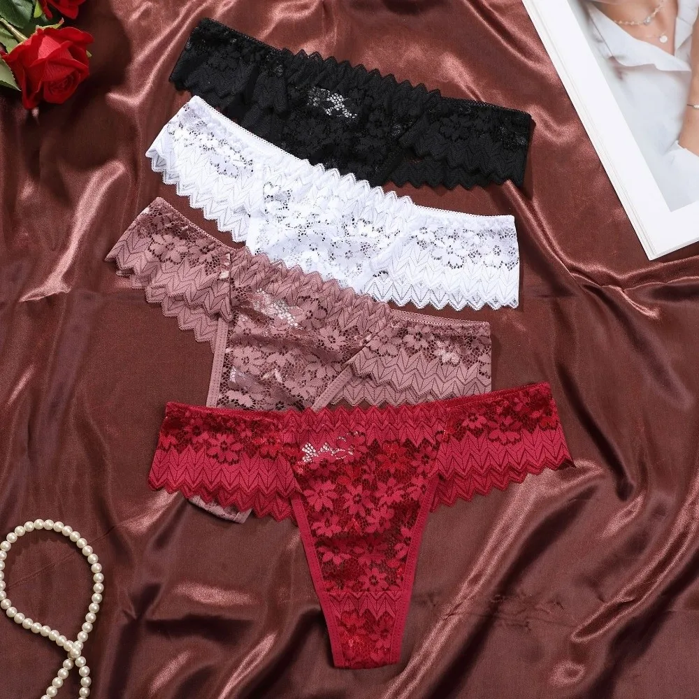 

Sheer Lace Lace Flower Women Thong Low Waist Underpants Sheer Mesh Lace Briefs Intimate Panty Hollow T-Back Panties