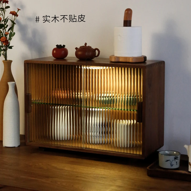 

Black walnut solid wood desktop storage box, sensor light, dustproof water cup storage cabinet, tea set, cup rack, side cabinet