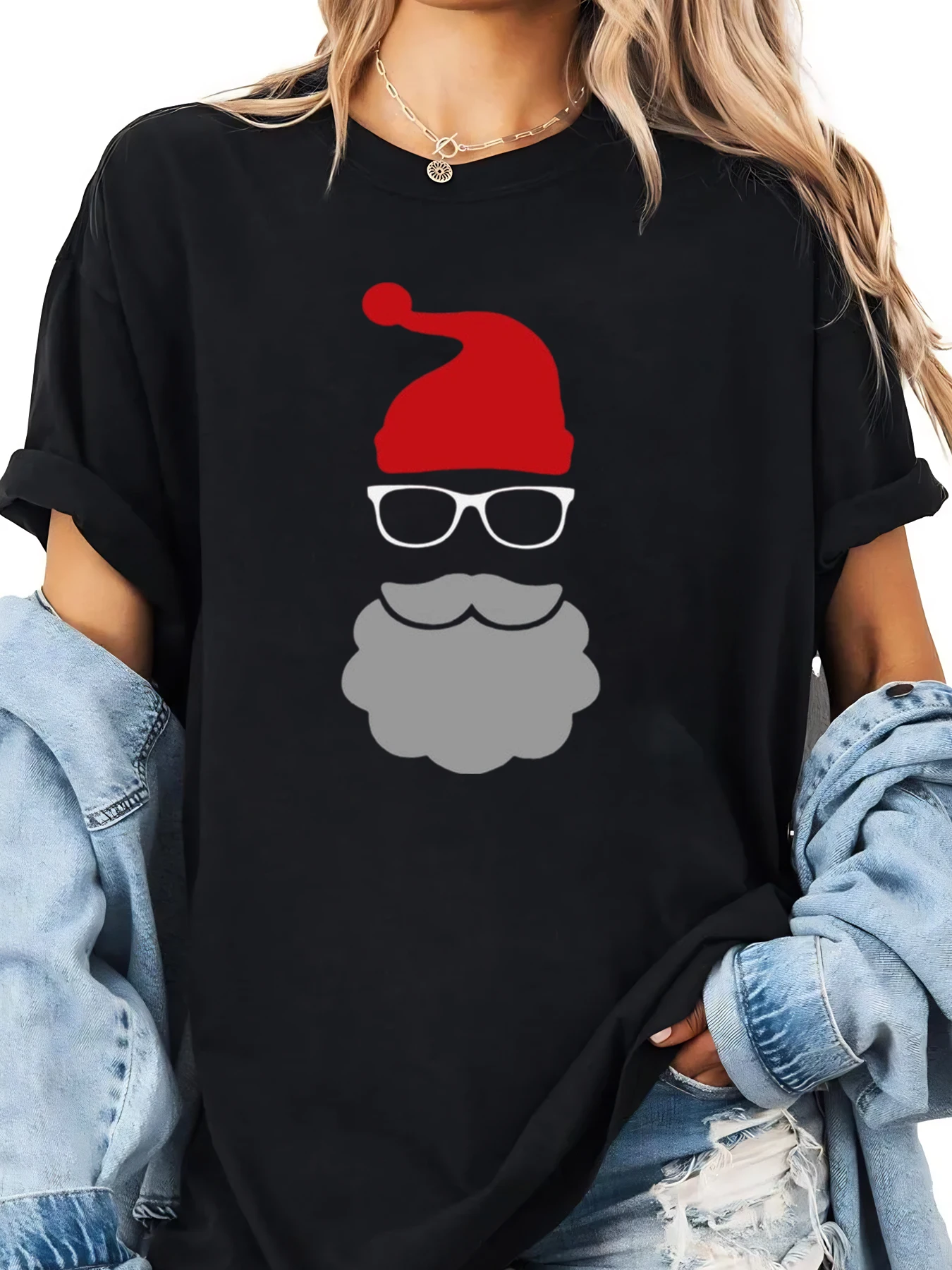 

Santa Hat Glasses Beard Print Christmas T-shirt Women Casual Holiday Wear Black Plus-size