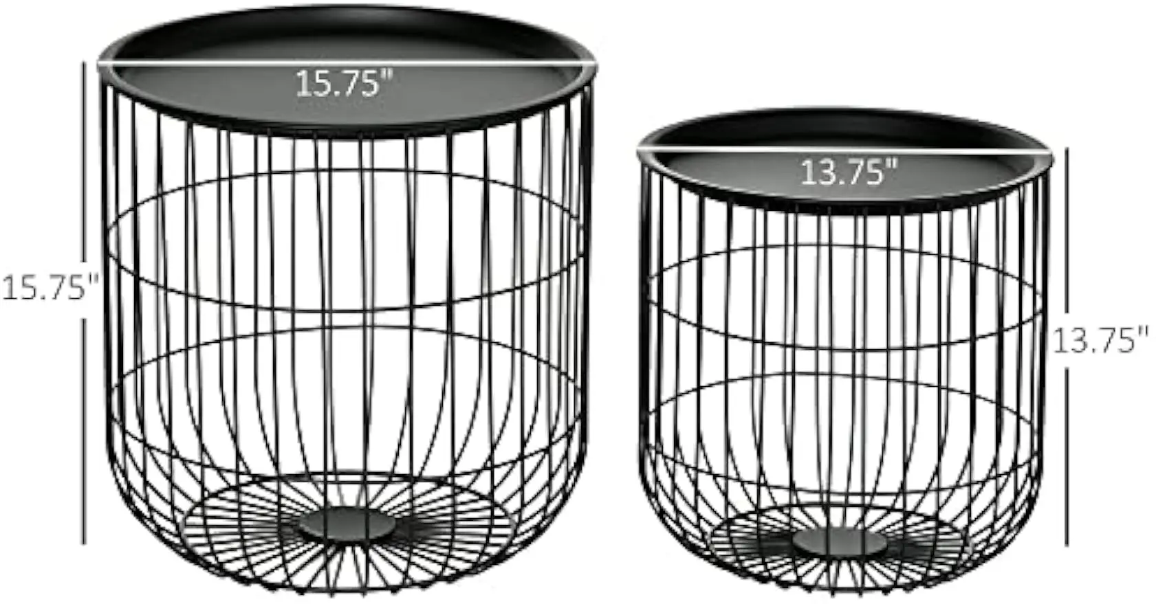 Round Coffee Table Set of 2 with Steel Wired Basket Body and Removable Top, Stacking End Tables Storage for Living Room, Black