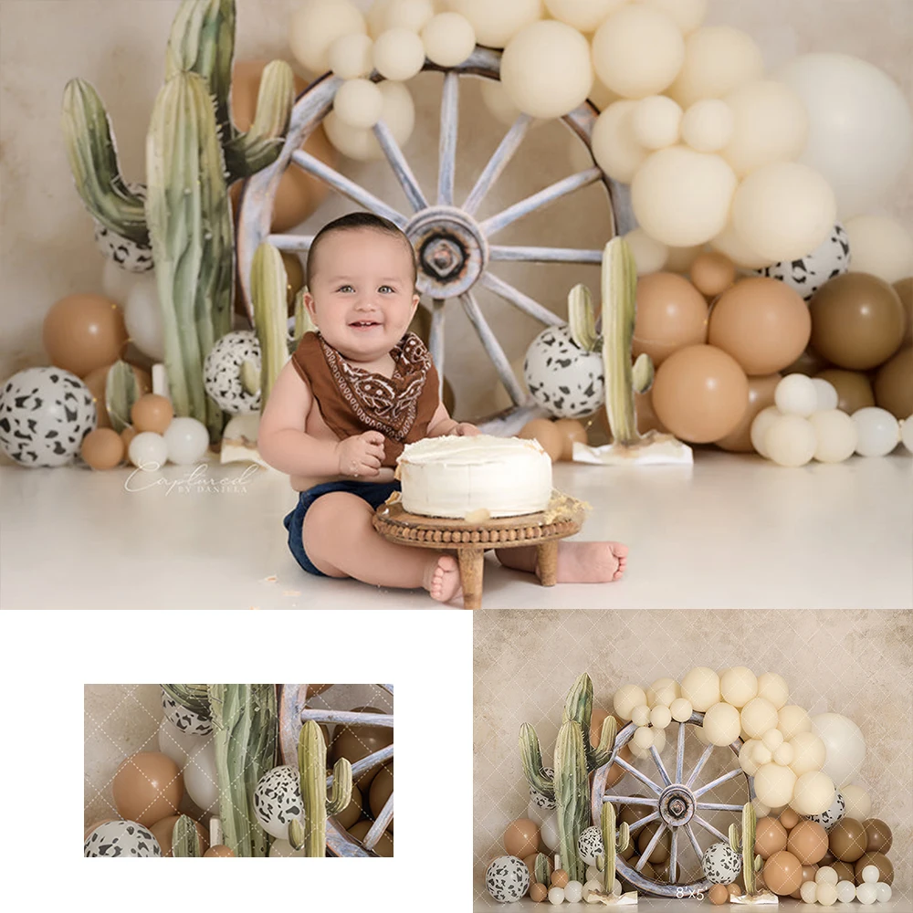 Cowboy Cake Smash Backdrops Kids Baby Photography Props Child Adult Photocall Decors Birthday Balloons Background