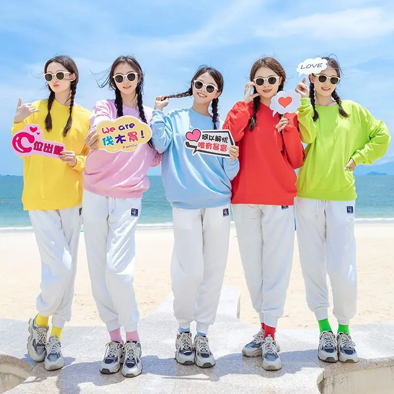 

Candy Colored round Ne Sweatirt Women's Performance Outfit Best Friend Matching Spring Autumn Stage Costume up Par