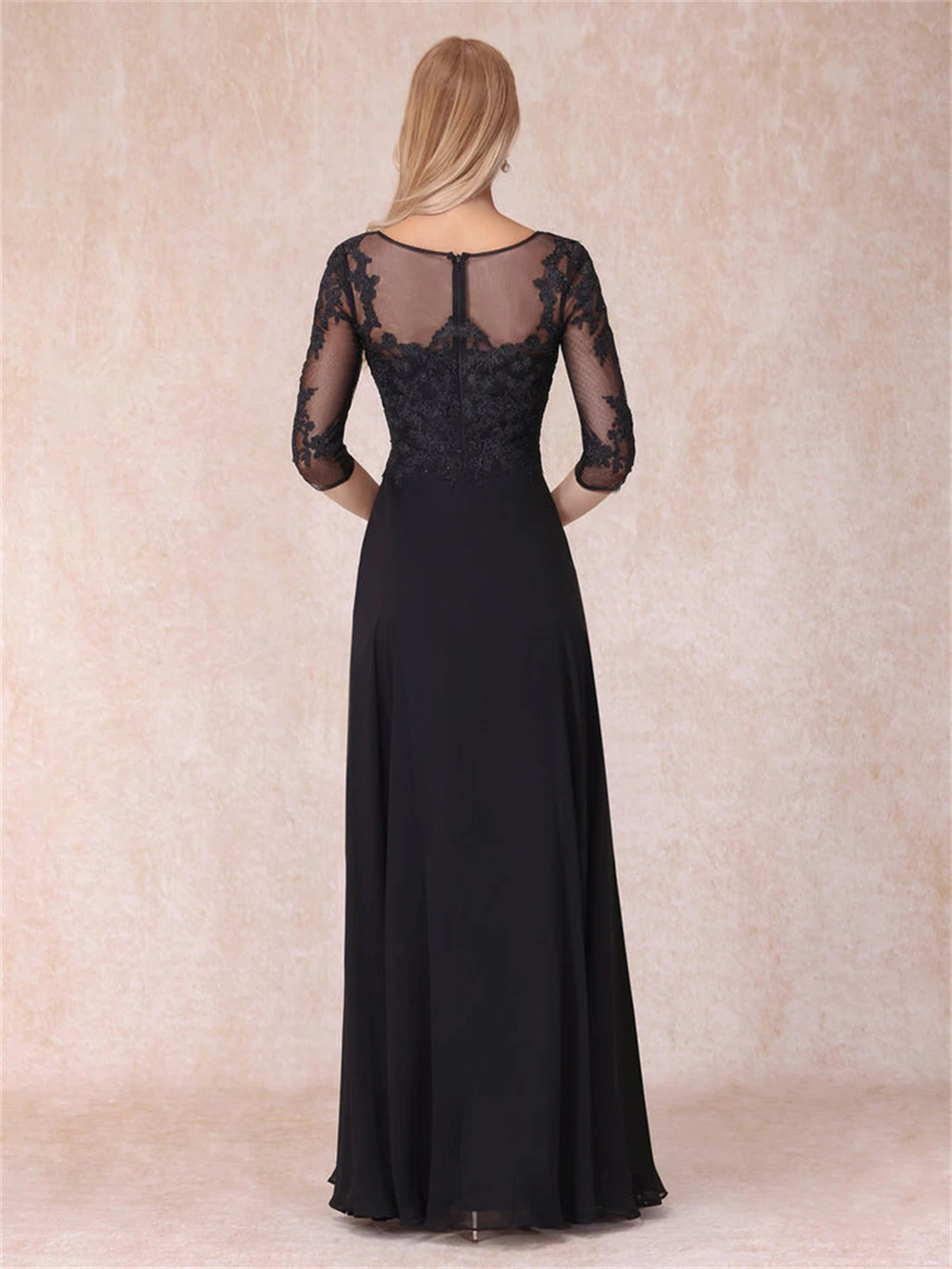 Simple Lace Appliques V-Neck Chiffon Mother of the Bride Dresses With Wedding Three Quarter Sleeves A-Line Formal Evening Gowns