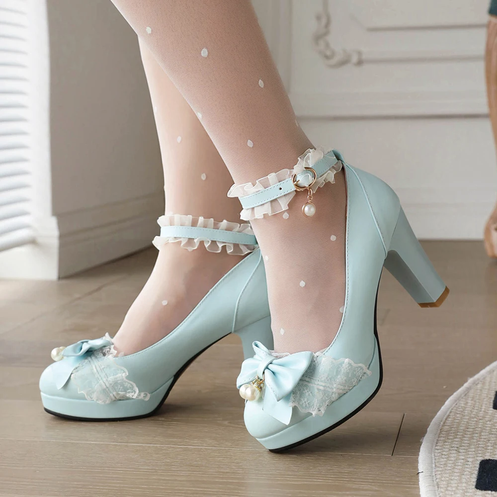 Summer Ladies Platform High Heels Cute Bow Lace Princess Mary Jane Lolita Shoes Blue Purple Party  Dress Pumps Big size 33 43