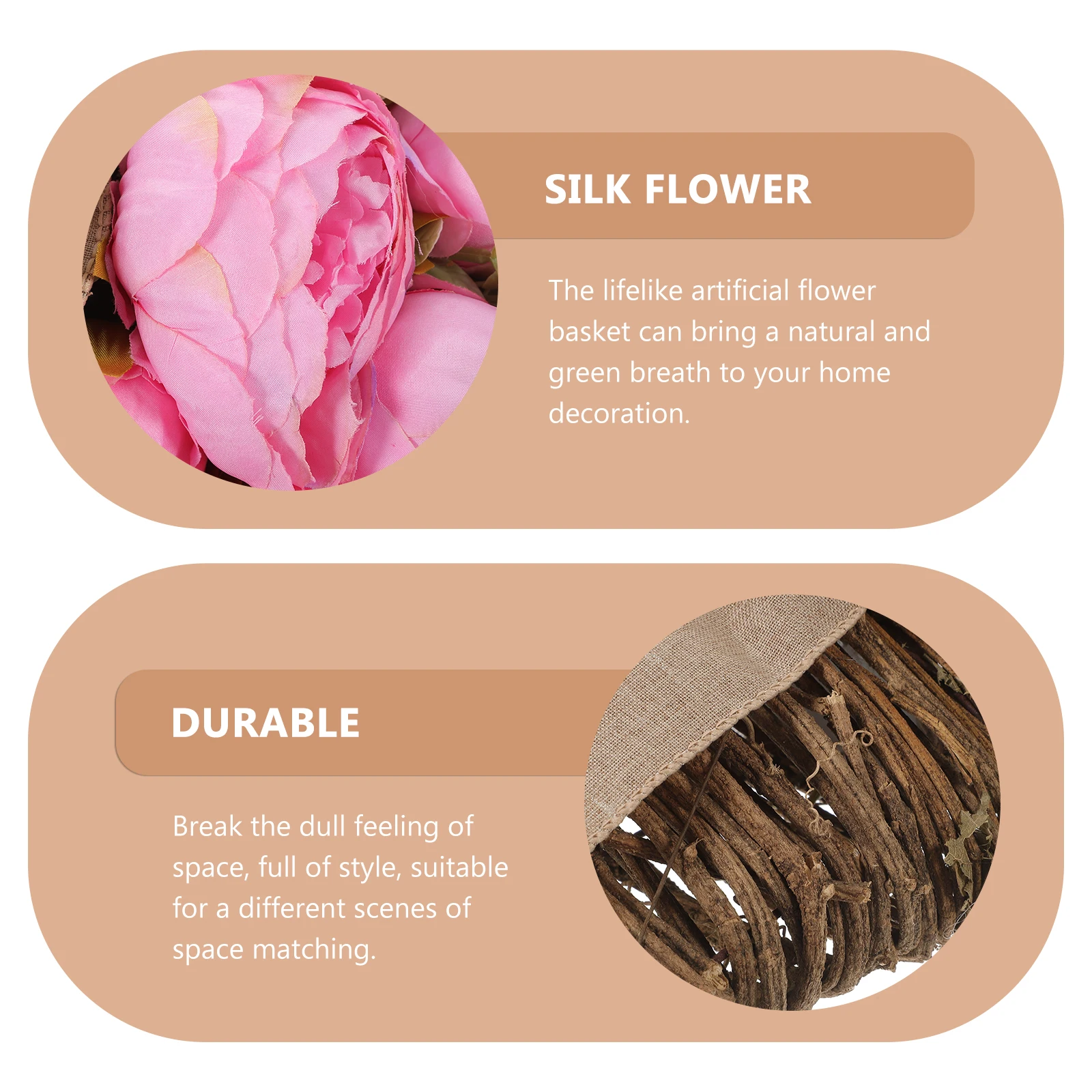 

Artificial Flower Basket with Fake Peony in Rattan Basket Perfect Front Door Hanging Decoration Home Office Window Coffee Table