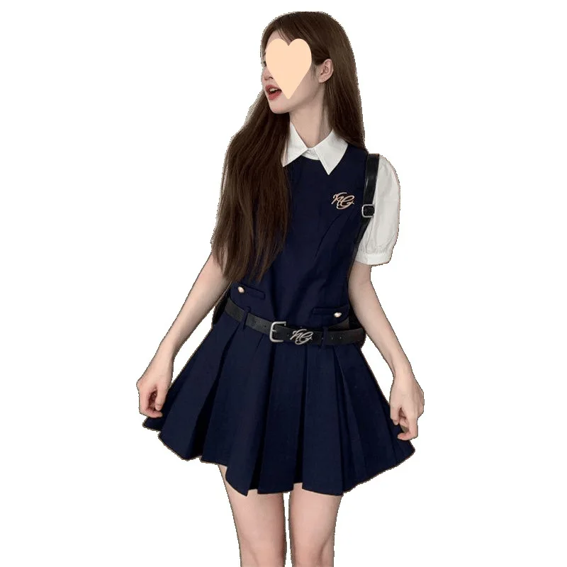 2025 جديد الصيف اليابانية الكورية Preppy الخصر مقصوص قصيرة الأكمام قميص المرأة لطيف Kawaii أكمام مطوي التنانير 2 قطعة مجموعة #1