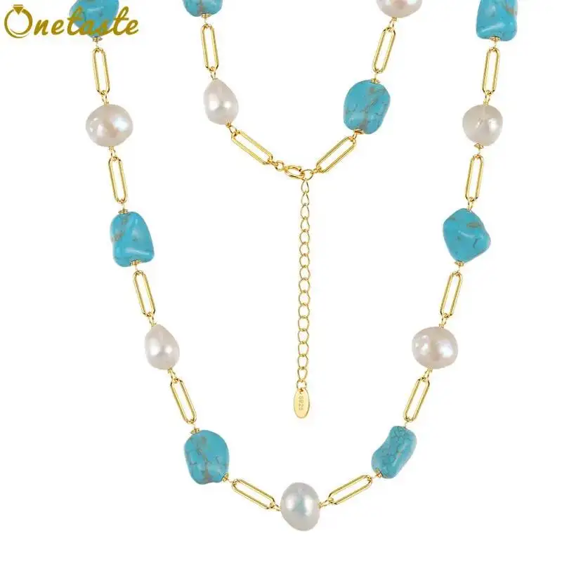 Big Turquoise Stone S925 Silver Beaded Pearl Strand Necklace For Women Gold Plated Unique Trendy Layered Chokers Necklaces Gift